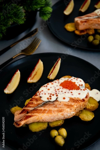 Fototapeta fried fish with vegetables