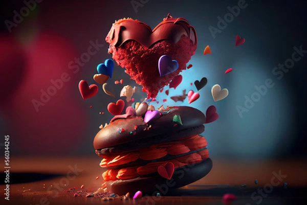Fototapeta Tasty chocolate burger with candy hearts above for Valentine's Day on the table | Generative AI