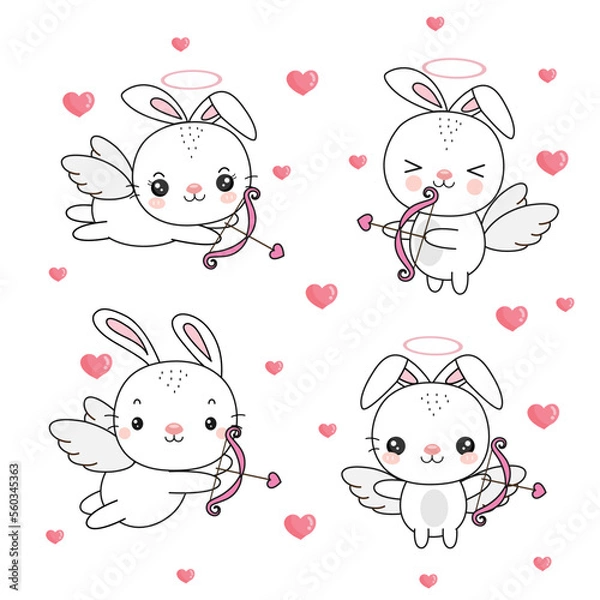 Fototapeta Flying bunnny cupid with bow and arrow. Vector illustration
