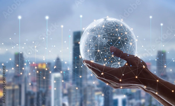 Fototapeta Abstract hand holding world network connection, digital network communication and partners online marketing concept	