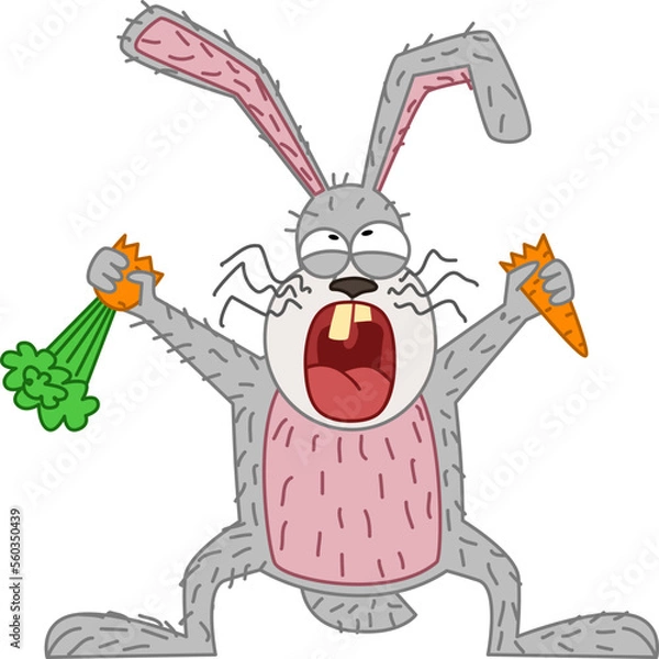 Fototapeta The gray wild hare broke the carrots on the floors. Vector illustration in doodle style. The symbol of 2023.