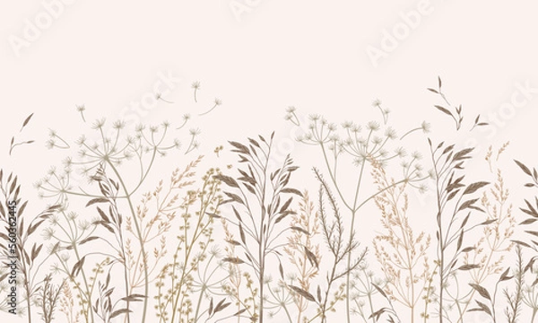 Fototapeta Vector illustration with wild and dry grass. Horizontal seamless pattern. Autumn field. Ornament for wallpaper, card, border, banner or your other design. Natural beige tones. Engraving.