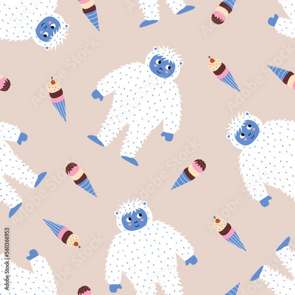 Fototapeta Funny baby yeti and ice cream hand drawn vector illustration. Cute big foot character in flat style seamless pattern for kids fabric or wallpaper.