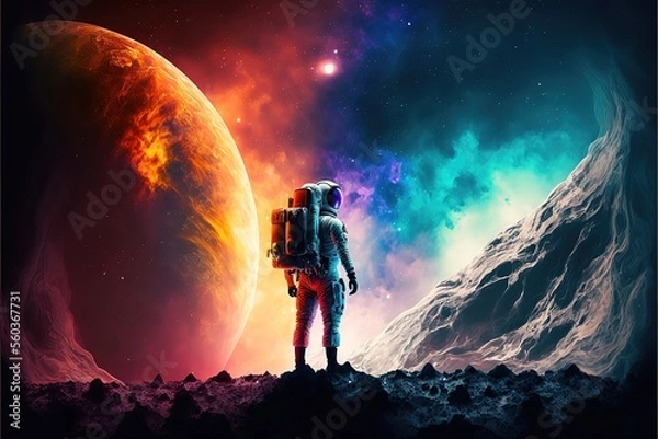 Obraz Space background. Astronaut standing on moon surface with earth planet and colorful nebula. Generative AI