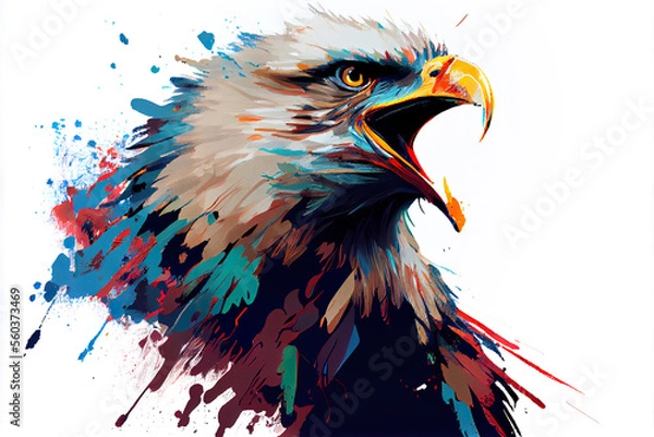 Fototapeta Angry shouting eagle close-up on white background. Watercolour brush strokes artistic technique.  
Digitally generated AI image.