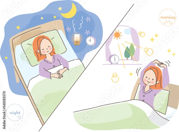 Obraz ぐっすり眠ってスッキリ目覚める若い女性のイラスト素材