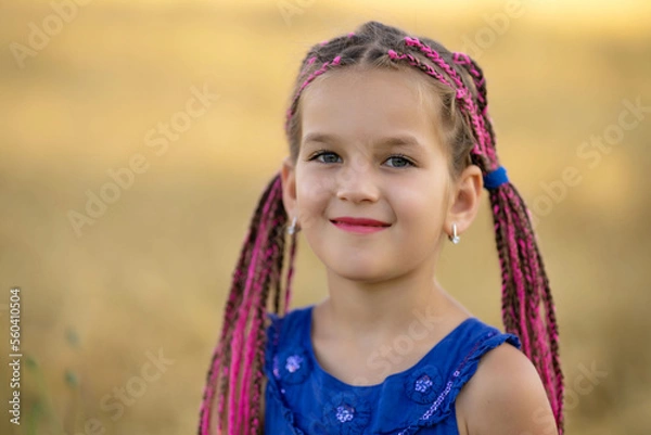 Fototapeta A six-year-old girl with dreadlocks in the field.