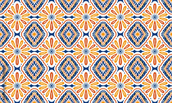 Fototapeta Ethnic Abstract Background cute Yellow blue Flower geometric tribal ikat folk Motif Arabic oriental native pattern traditional design carpet wallpaper clothing fabric wrapping print batik folk vector