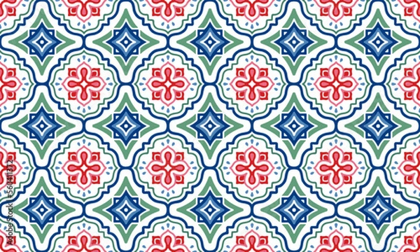 Fototapeta Ethnic Abstract Background cute green blue red geometric tribal ikat folk Motif Arabic oriental native pattern traditional design carpet wallpaper clothing fabric wrapping print batik folk knit vector