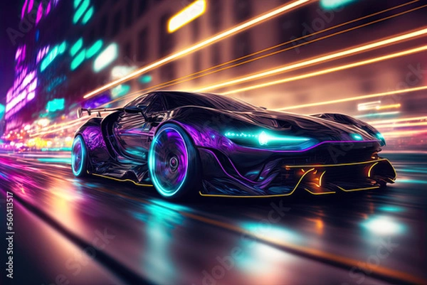 Obraz futuristic car at high speed at night in city with motion blur. generative ai