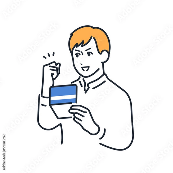 Fototapeta 通帳を見てガッツポーズをする若い男性のシンプルなベクターイラスト素材