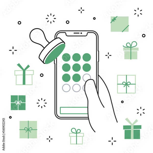 Obraz 手に持ったスマートフォンのアプリ スタンプカード プレゼントのアイコンセット