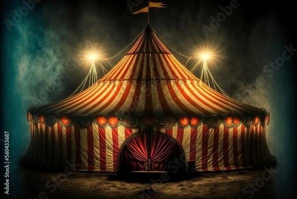 Fototapeta red white circus tent in the dark with lights