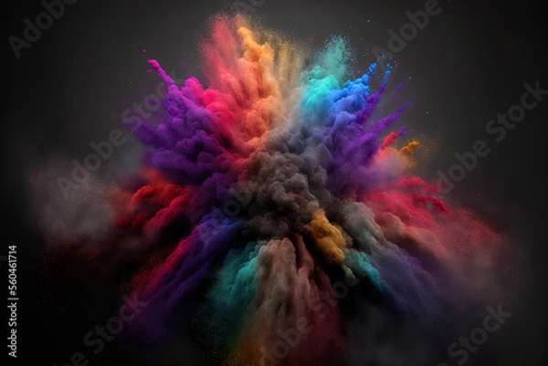 Fototapeta a dark background with an abstract eruption of colourful dust. Multicolored glitter texture, an abstract powder splattered background, and a freeze frame of color powder erupting or being thrown