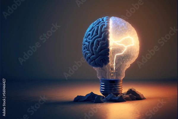 Fototapeta Creative Idea with Brain and Light Bulb Illustration, with Generative AI Technology