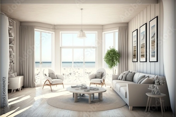 Fototapeta An expansive summer beach house with furniture has a living room with a view of the ocean. inside a vacation home or villa