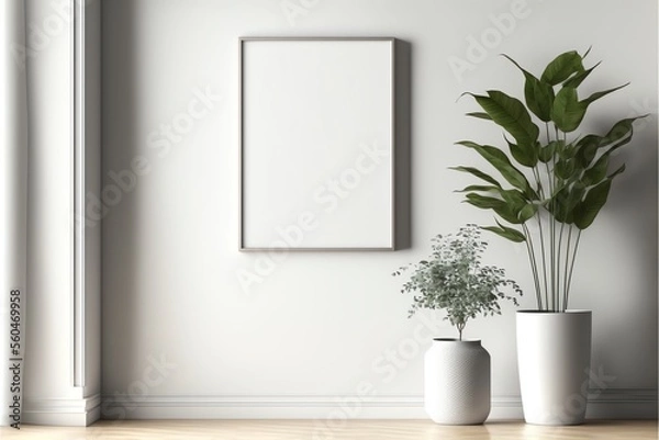 Fototapeta 現代的な内壁の背景、室内空間、リビングルーム、および木製の空白の垂直額縁に空のコピースペースをモックアップします。