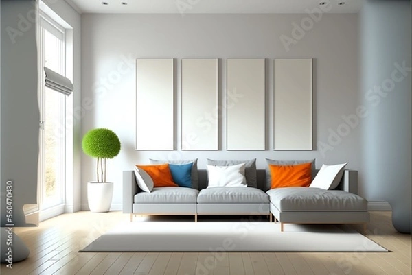 Fototapeta Good lighting, a minimalist modern living room with pictures, a wooden frame mockup, empty copy space, and a 3D render