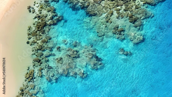 Fototapeta 砂浜と珊瑚礁の風景　ドローン　空撮