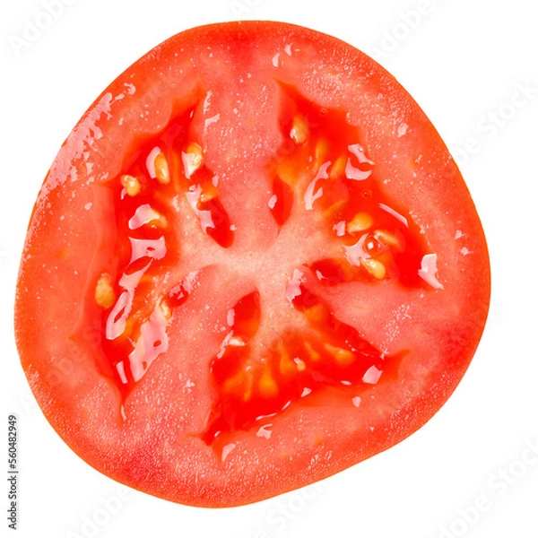 Obraz Slice of tomato isolated on white background. Top view, flat lay..