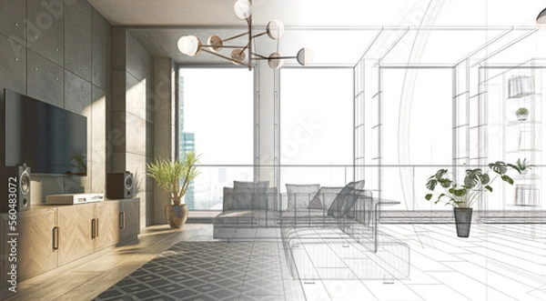 Obraz Luxurious and modern open space with circular holes in the walls, apartment inside a skyscraper in Dubai, project design wireframe, 3d rendering, 3d illustration