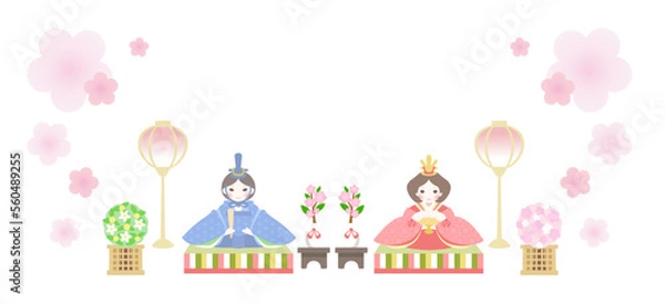 Fototapeta パステルカラーのひな祭りのイラスト。ひな人形に桃の花のあしらい。