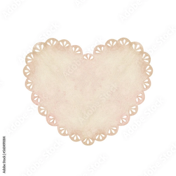 Obraz Beige lace doily in the shape of a heart. Place for inscription or text. Watercolor illustration. Isolated on a white background. For design of greeting cards, wedding invitation, for scrapbooking
