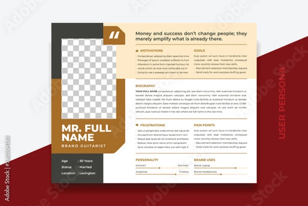 Fototapeta User Persona Document Template Vector Illustration. Examples of User Personas template. Persona Document. Persona Template for UI UX designer. User Persona vector horizontal template with double color