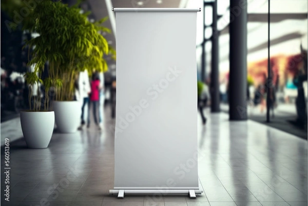 Fototapeta Blank roll up banner design mockup, background blurred public place 
