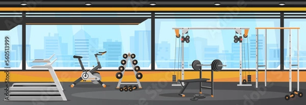 Obraz Modern gym interior design with machines and free weights. Fitness center illustration with training equipment: treadmill, cycle, bench, dumbbells, barbell, crossover. Cartoon style vector background.
