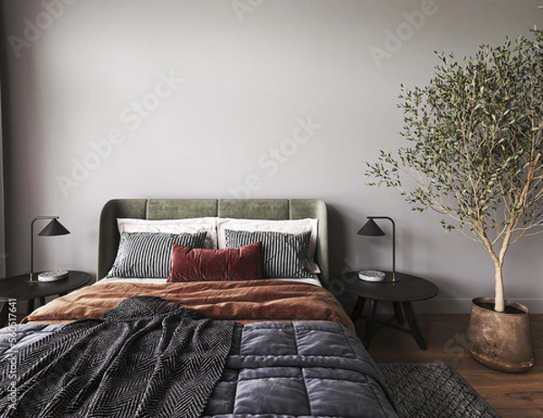 Fototapeta Dark gray bedroom interior mockup with bright color orange, red, green. Bed on empty dark wall background. Scandinavian modern style. 3d render. High quality 3d illustration
