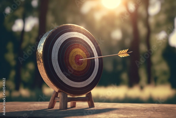 Obraz Target board with arrow on forest background - 3D illustration. Hitting the center of a shooting for business targeting and winning goals business concepts. Generative ai