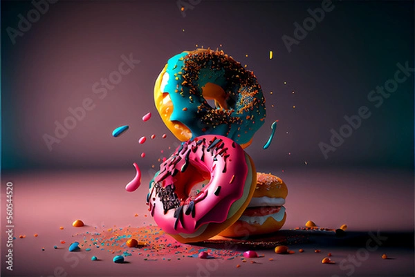 Fototapeta A bunch of delicious donuts falling down with sprinkles on a dark pink background