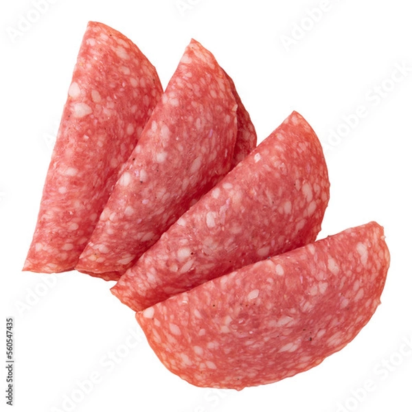 Obraz salami sausage slices isolated on white background, pieces of sliced salami sausage laid out to create layout