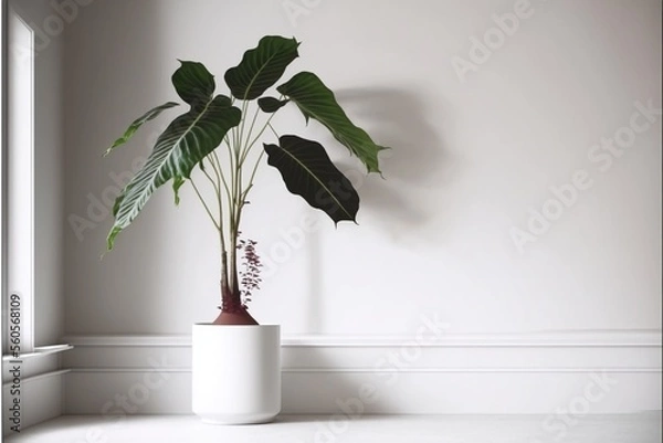 Fototapeta Calathea orbifolia plant in a minimalist white room illustration made with Generative AI