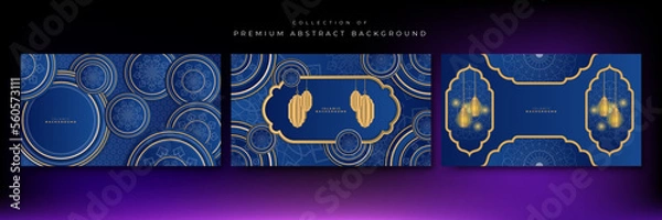 Fototapeta Set of 3d realistic ramadan kareem background banner. Gold blue moon and abstract luxury islamic elements background
