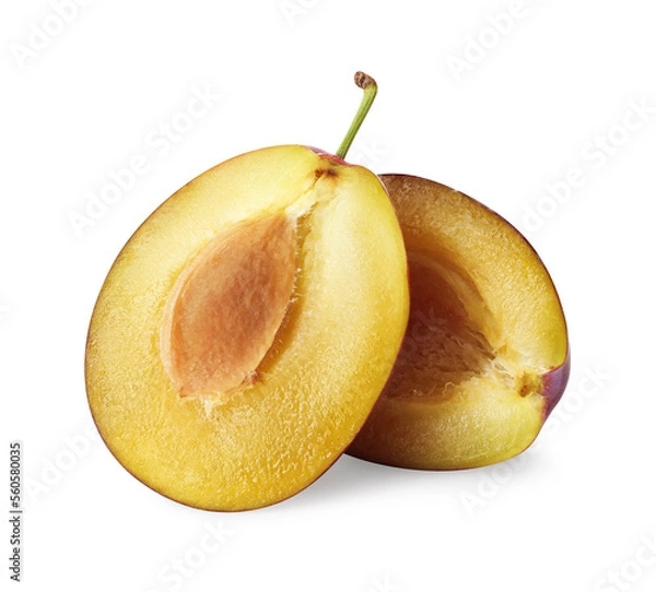 Fototapeta Halves of fresh ripe plum on white background