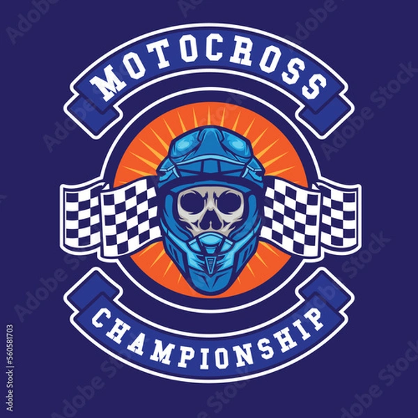 Fototapeta Motocross helmet with race flag and skull