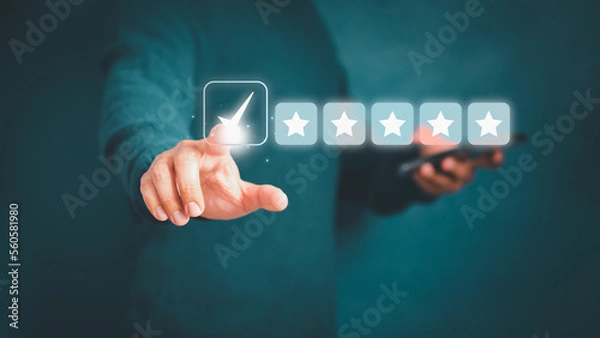 Fototapeta Man give positive reviews for customer satisfaction surveys, Five star rating, Customer assessment feedback, Service rating satisfaction and testimonial concept.