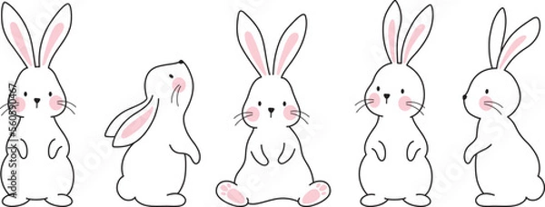 Fototapeta Cute bunny rabbit outline sketch vector illustration. Minimal bunny line art doodle in different poses.