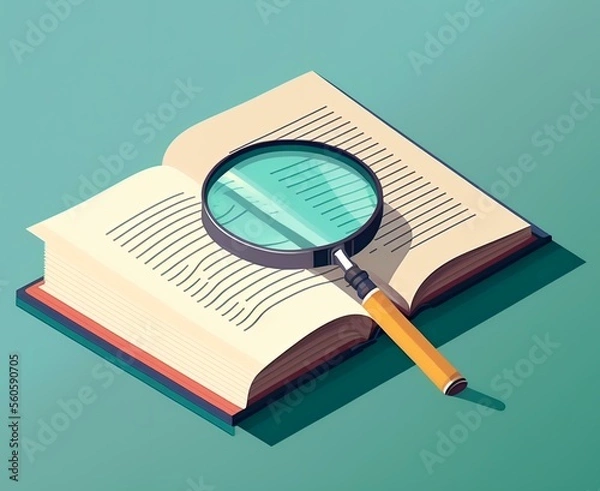 Fototapeta open book with a magnifying glass on top, symbolising the pursuit of knowledge and learning, DIGITAL ART (AI Generated)