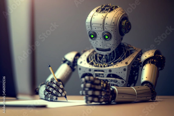 Fototapeta Chatgpt bot writing answers with pen on paper, Generative AI