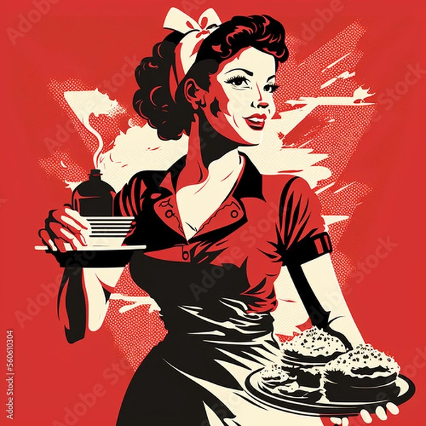 Fototapeta Waitress Server Retro Vector Art AI Generated
