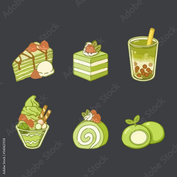 Fototapeta Set of Green Matcha Desserts. Hand Drawn Vector Illustration. Icon set