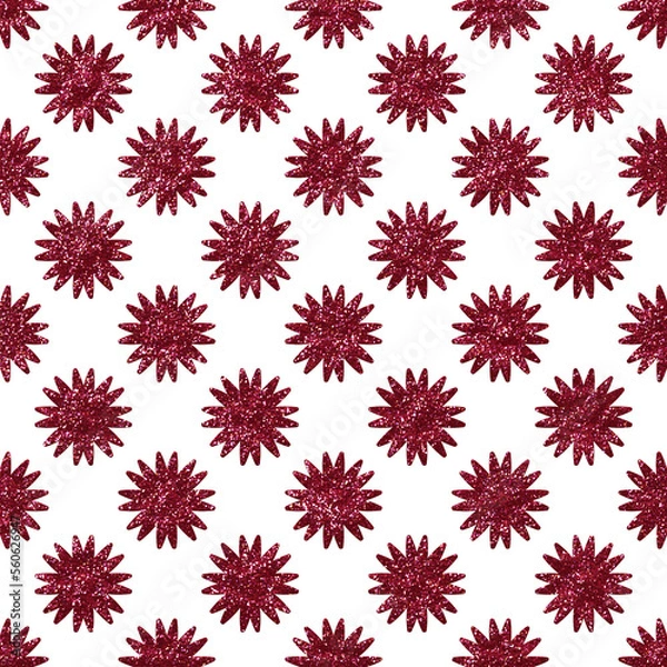 Obraz Viva magenta glitter seamless pattern with red flowers geometric overlay. Abstract sparkling shapes for projects embellishment.