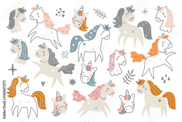 Fototapeta Set of illustrations of unicorns. Cute horses in different poses. Pony with magical design elements for kids.