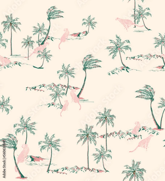 Obraz Leopard With Palm Tree Hand draw illustration Vector  Seamless Pattern On White Background Wallpaper 