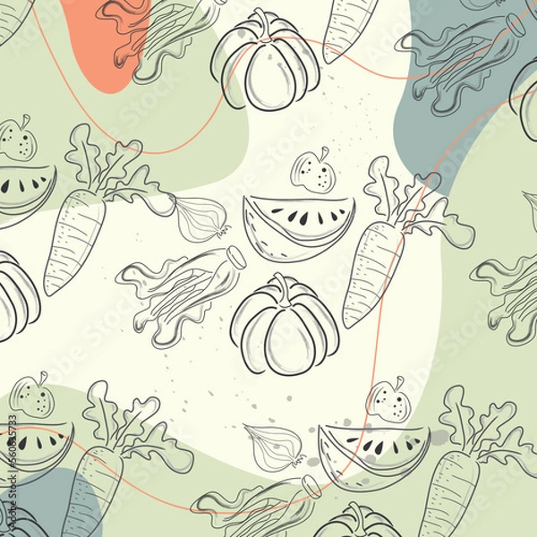 Fototapeta Vector illustration Hand drawn outline vegetable pattern (flat style, thin line). Black and white
