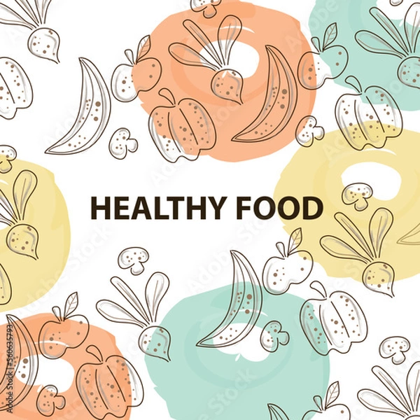 Fototapeta Vector hand drawn healthy food illustration. vintage style. Patterned white background