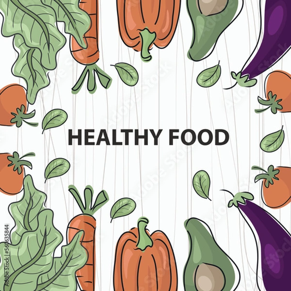 Fototapeta Healthy vegetarian food. Frame. Watercolor background with fruits and Vegetables. Isolated elements for easy use.